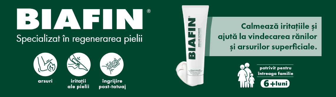 BIAFIN
Specializat în regenerarea pielii
Calmează iritațiile și
ajută la vindecarea rănilor
și arsurilor superficiale.
potrivit pentru întreaga familie 6+ luni